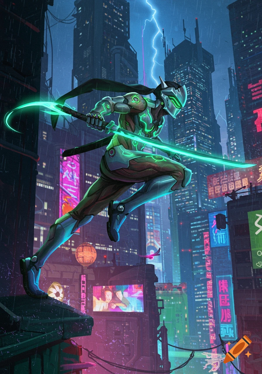 Genji, a cyborg ninja from Overwatch, jumps across a rain-soaked cyberpunk city street at night, glowing neon green.