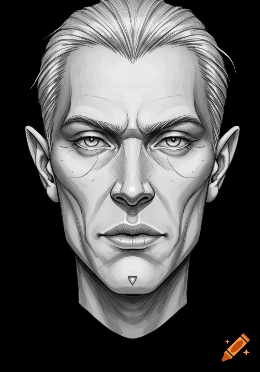 A stylized grayscale sketch portrait of a man with sharp features, a stern expression, and slicked-back hair.