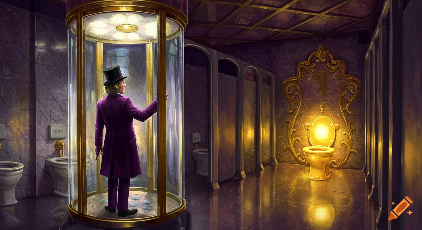 Willy Wonka in a purple suit and top hat stands in a glass elevator in a luxurious, dark purple bathroom with a glowing golden toilet.