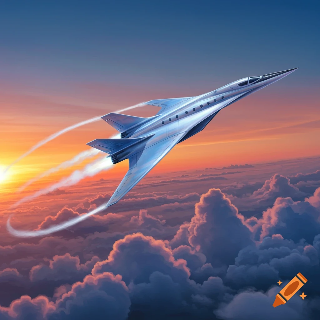 A sleek, futuristic silver supersonic jet flies high above pink and purple clouds against a vibrant sunset sky.