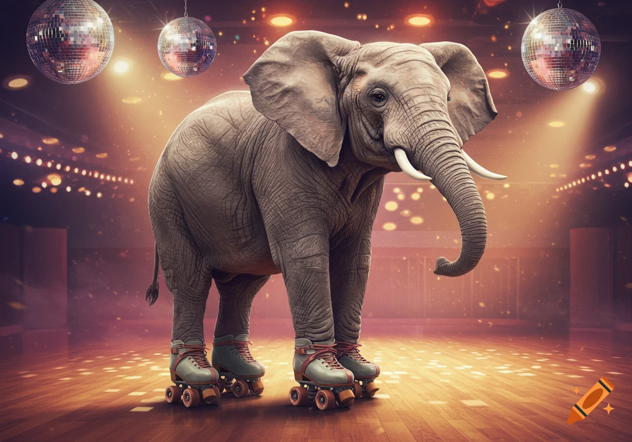 A photorealistic elephant on roller skates on a brightly lit disco dance floor with disco balls.