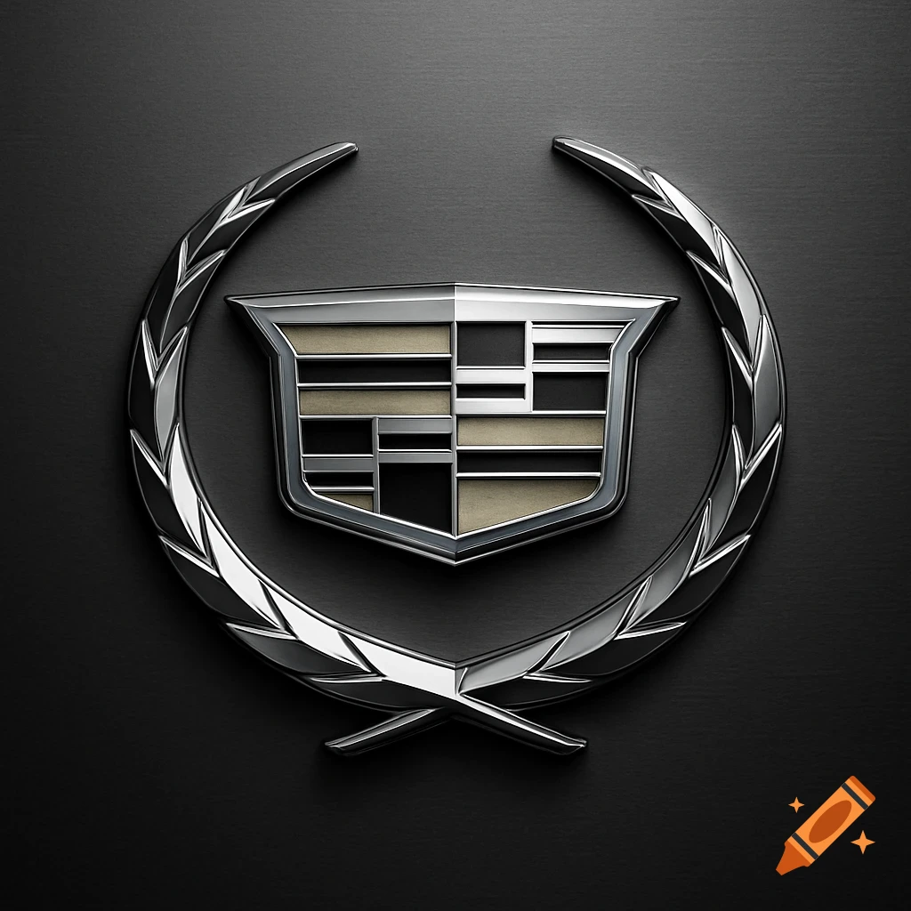 A shiny metallic Cadillac crest logo with a silver laurel wreath on a dark textured background.