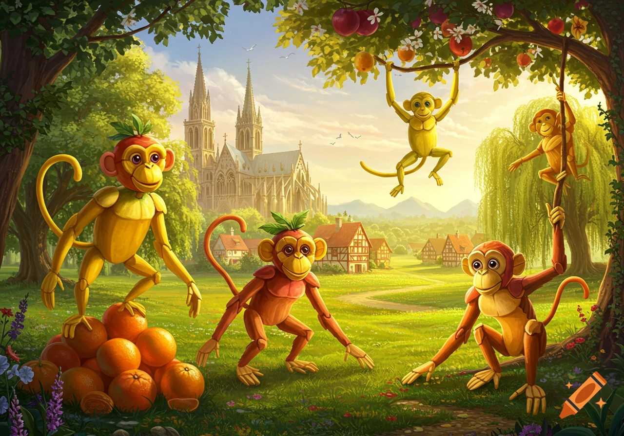 Four whimsical monkeys made of fruit play in a vibrant green meadow with a grand cathedral and German village in the background.