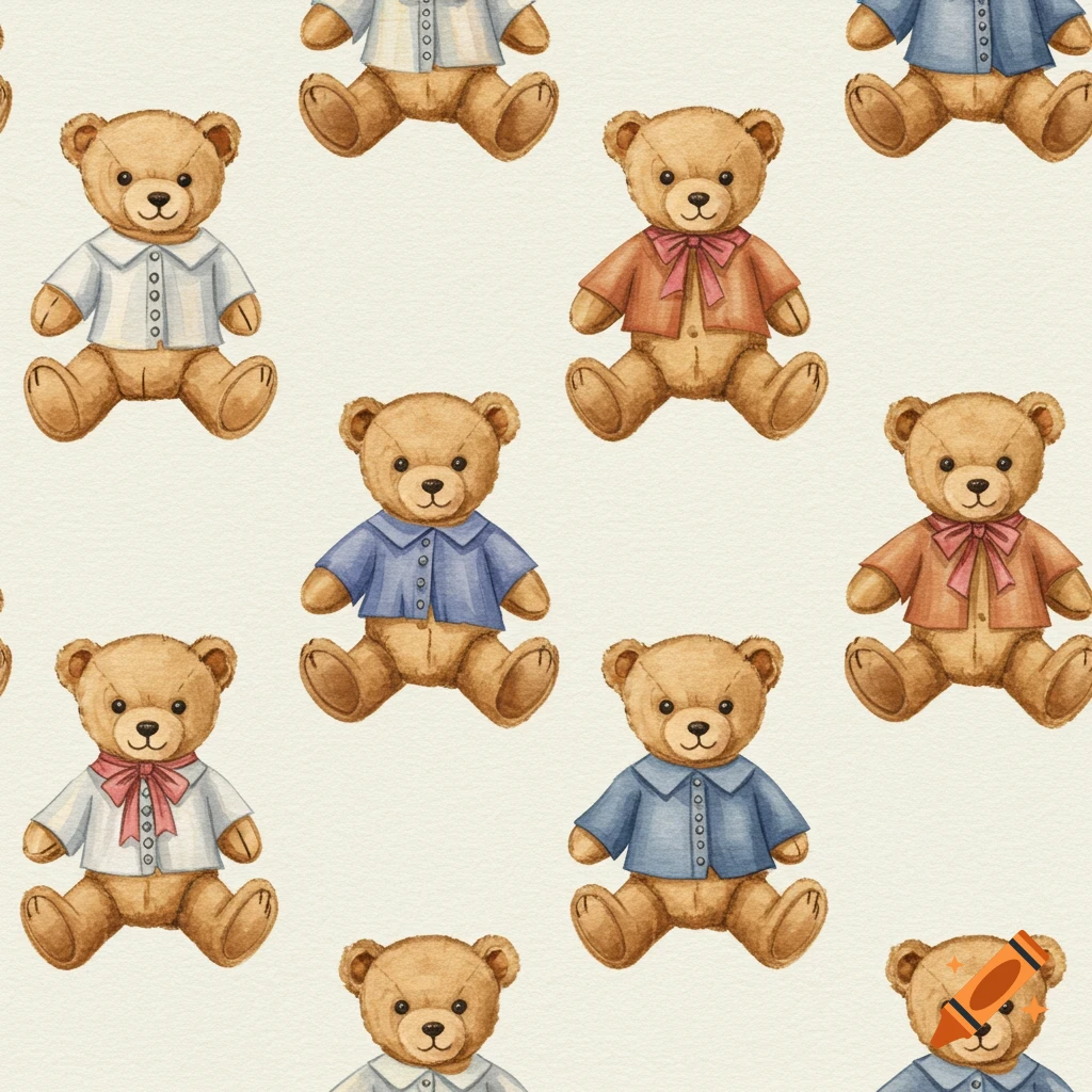 Seamless watercolor pattern of vintage teddy bears wearing different colored shirts and bows on a light textured background.