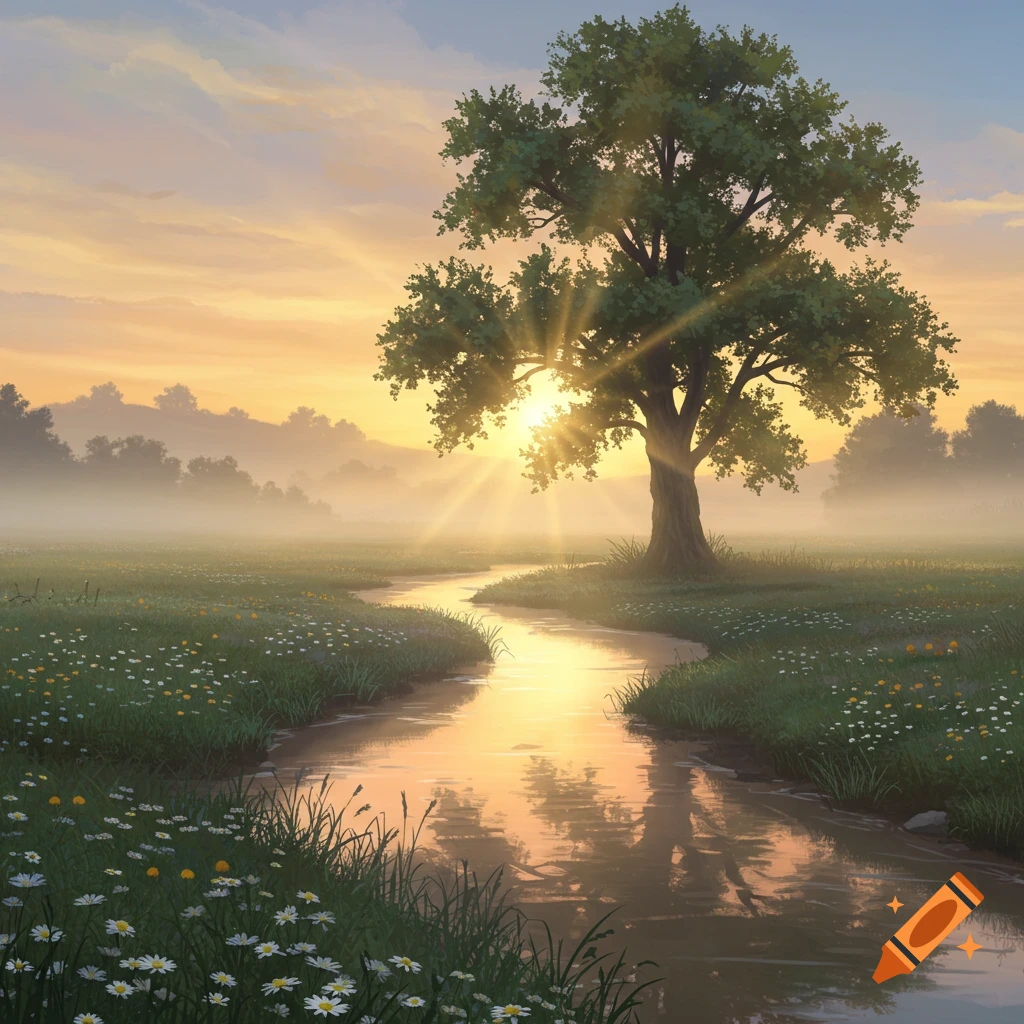 A serene digital painting of a winding stream through a meadow with wildflowers, a large tree, and a misty sunrise or sunset.