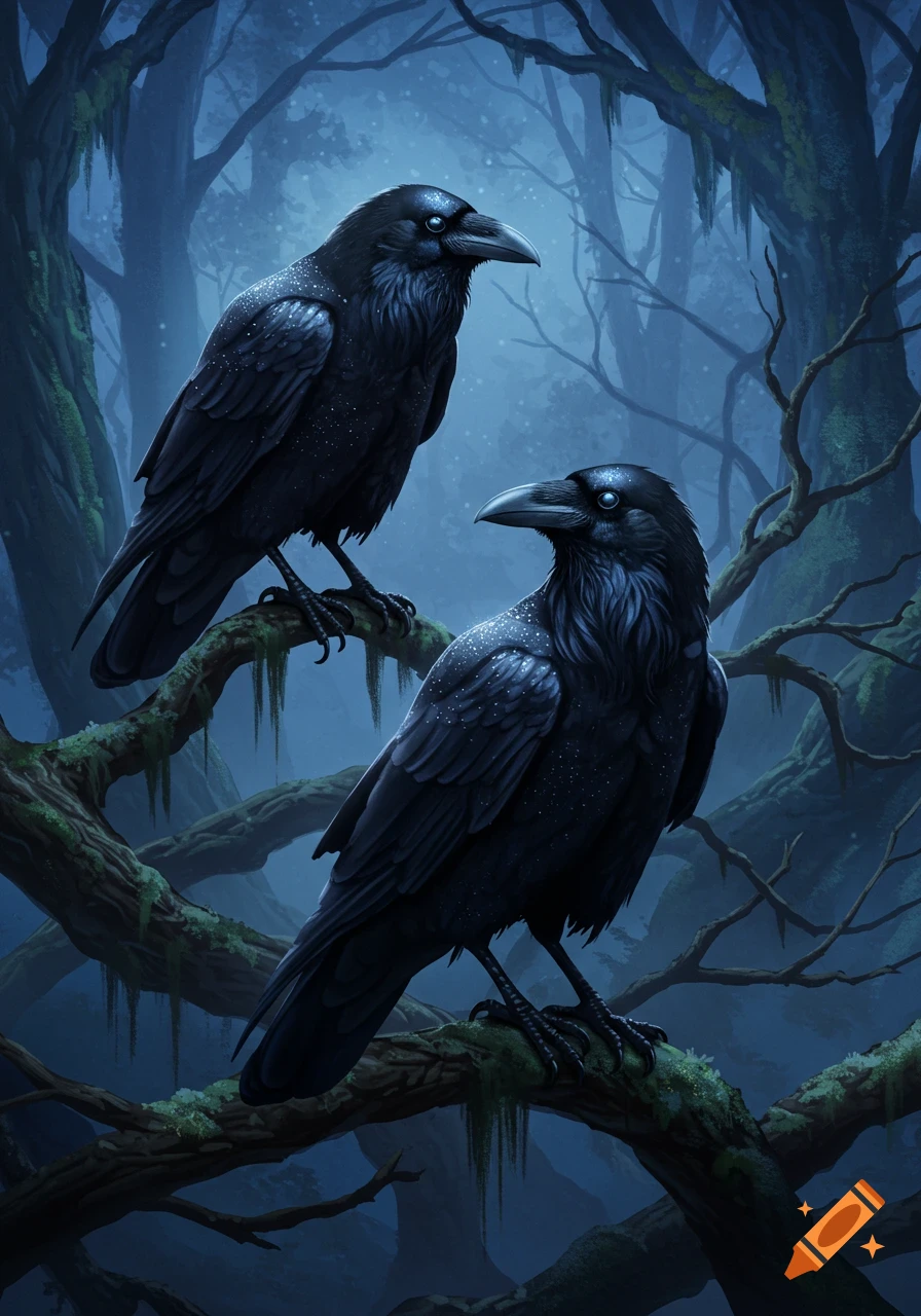 Two dark ravens with glowing blue eyes perch on moss-covered branches in a misty, moonlit forest, digital art.