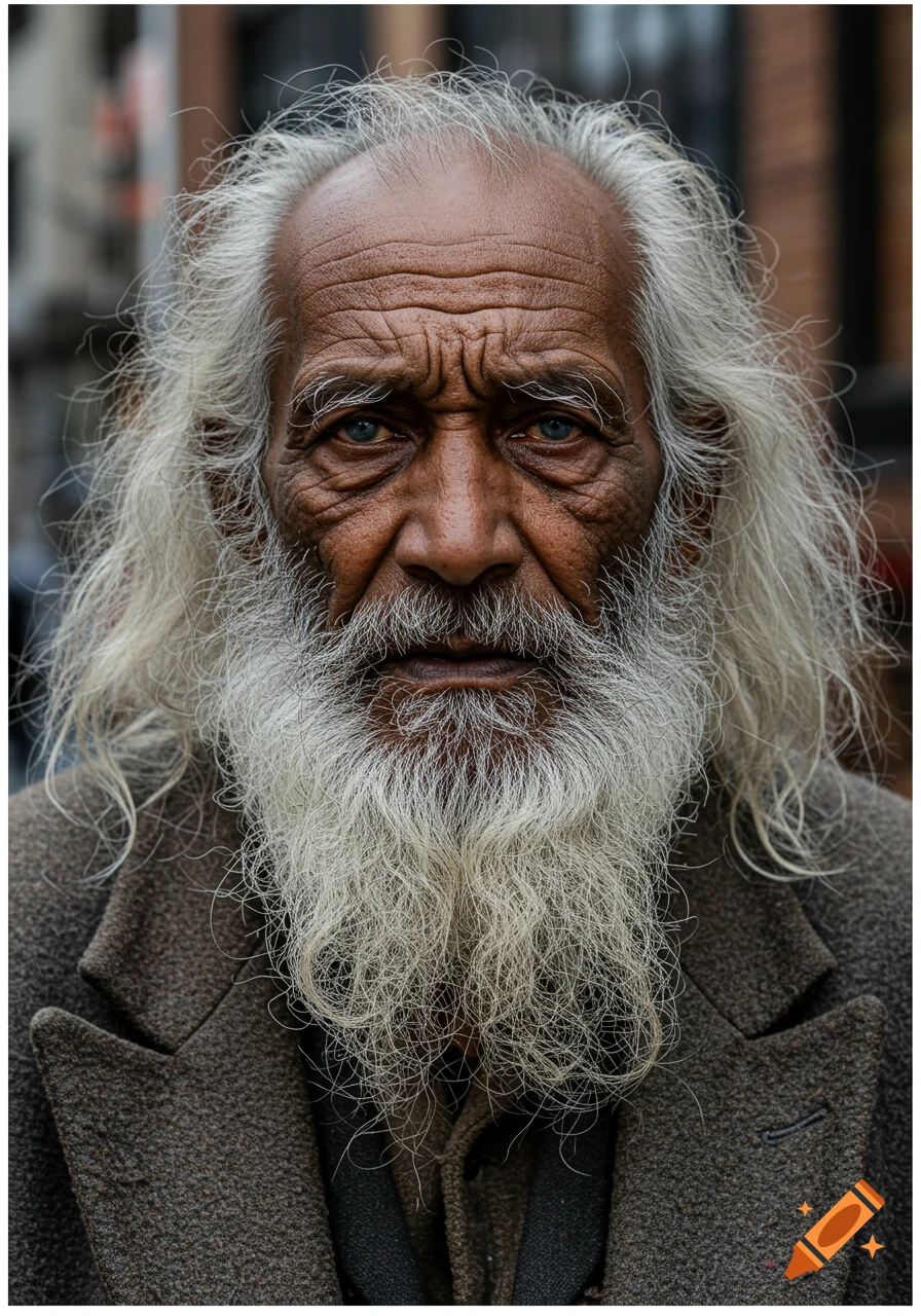 Close-up photorealistic portrait of an elderly man with long white hair, a flowing white beard, deep facial wrinkles, and blue eyes.