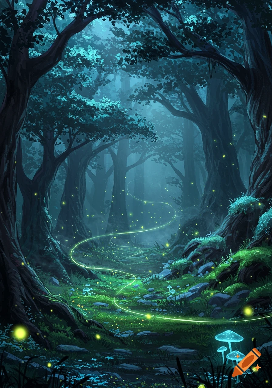 Mystical dark forest with glowing fireflies, mushrooms, and a luminous winding path, digital painting.