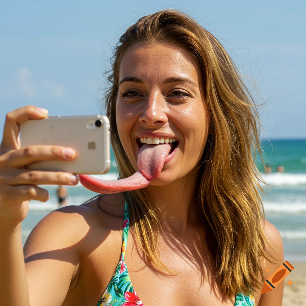 A smiling woman on a sunny beach takes a selfie, extending a very long tongue from her mouth.