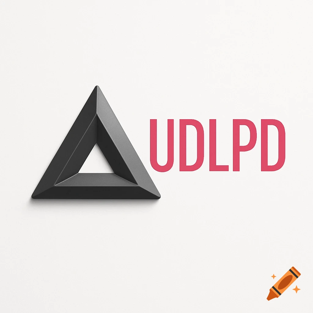 A dark gray 3D triangle logo next to the pink text UDLPD on a white background.