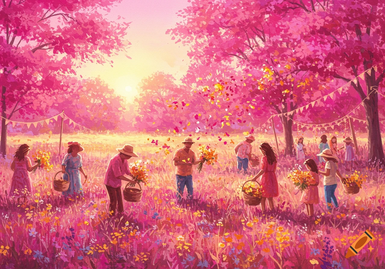 Illustration of people collecting vibrant flowers in a pink-hued field under flowering trees with petals falling and festive banners.