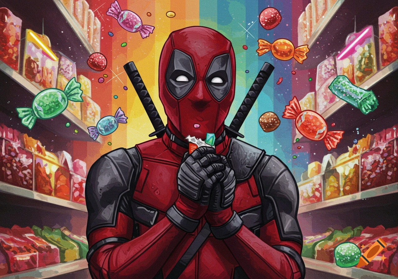 Deadpool in his red suit stands in a candy store, eating a piece of candy. Colorful candies float around him against a rainbow background.