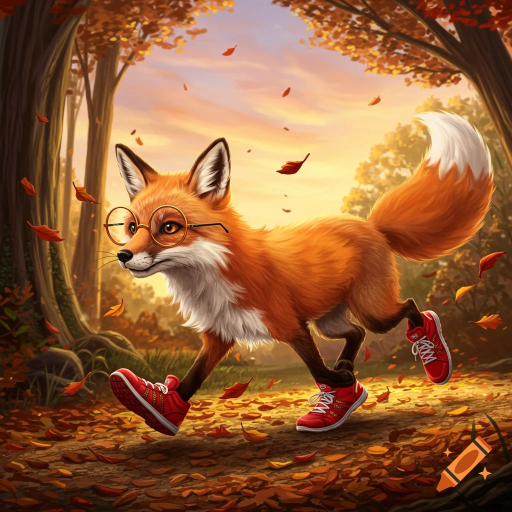 An illustrated cartoon fox wearing glasses and red running shoes strides through an autumn forest path with falling leaves.
