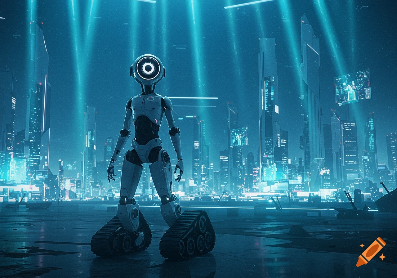 A humanoid robot with a camera head and tank treads stands in a neon-lit futuristic city at night, in a concept art style.