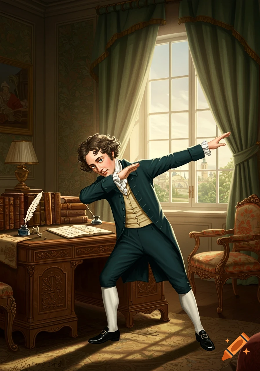 A whimsical illustration of Percy Bysshe Shelley in historical attire dabbing in a richly decorated study.