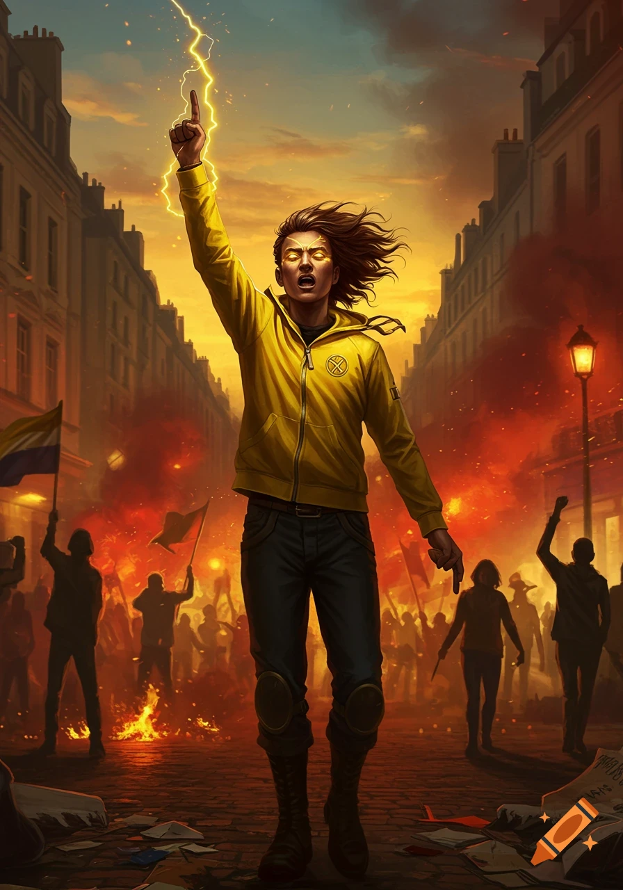 An illustrative comic art image of a person in a yellow jacket with glowing eyes raising a lightning-charged hand, leading a fiery protest in a city street.