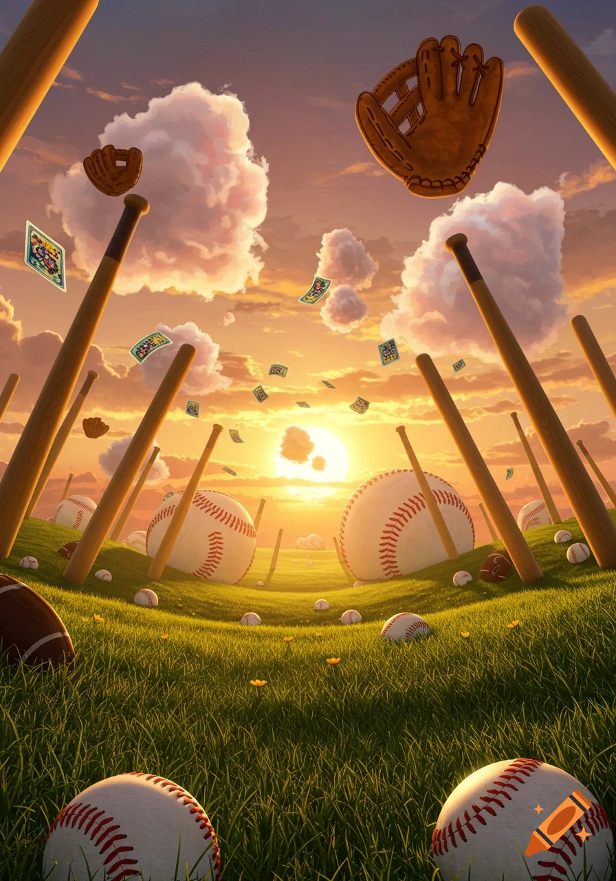 A surreal baseball landscape with giant bats and balls in green grass, under a sunset sky with floating gloves and cards.