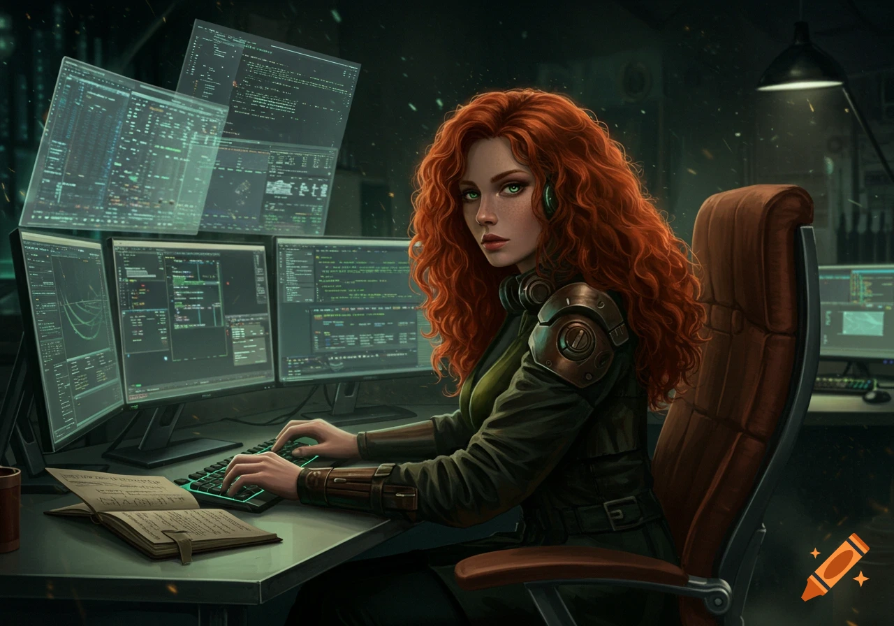 A red-haired woman with green eyes, wearing cybernetic shoulder pads, sits at a desk typing on a glowing keyboard, surrounded by multiple screens displaying code in a dark, tech-filled room.