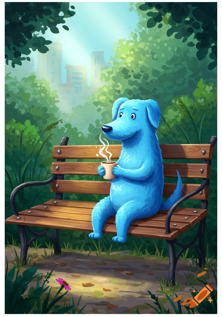 A blue cartoon dog sits on a wooden park bench, holding a steaming mug. Green foliage surrounds the bench, with blurred city buildings in the background under a bright sky.