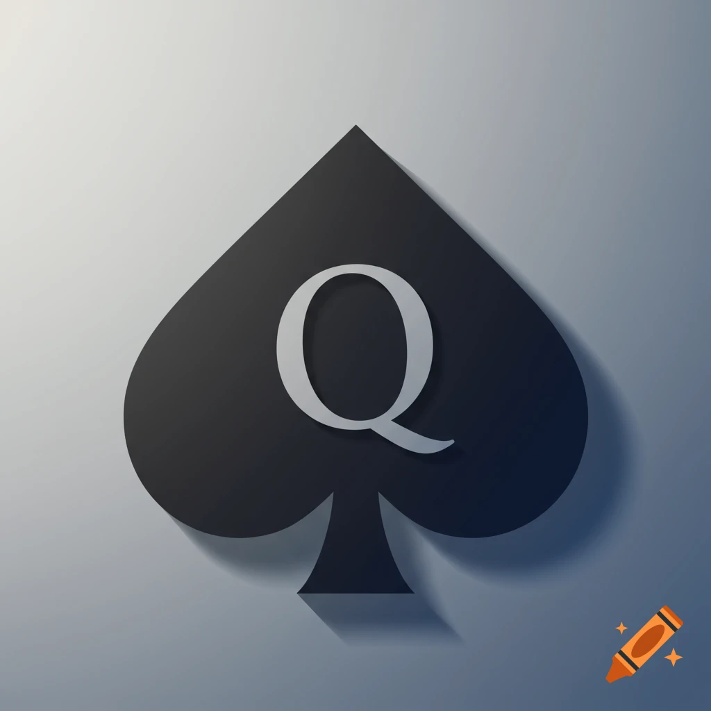 A black spade symbol with a white letter Q inside, casting a shadow on a grey background.