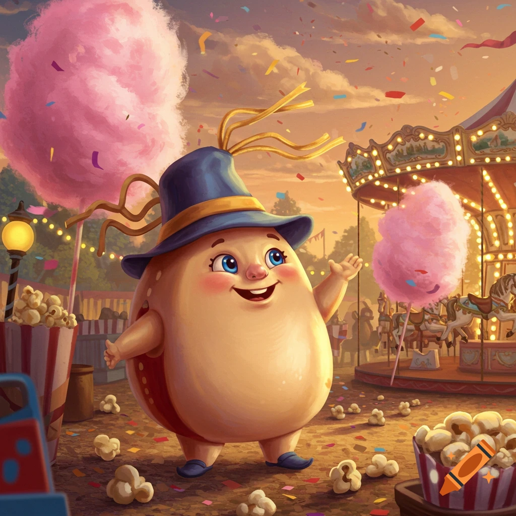 A round, cheerful character in a blue hat waves at a vibrant carnival with cotton candy, popcorn, and a carousel at sunset.