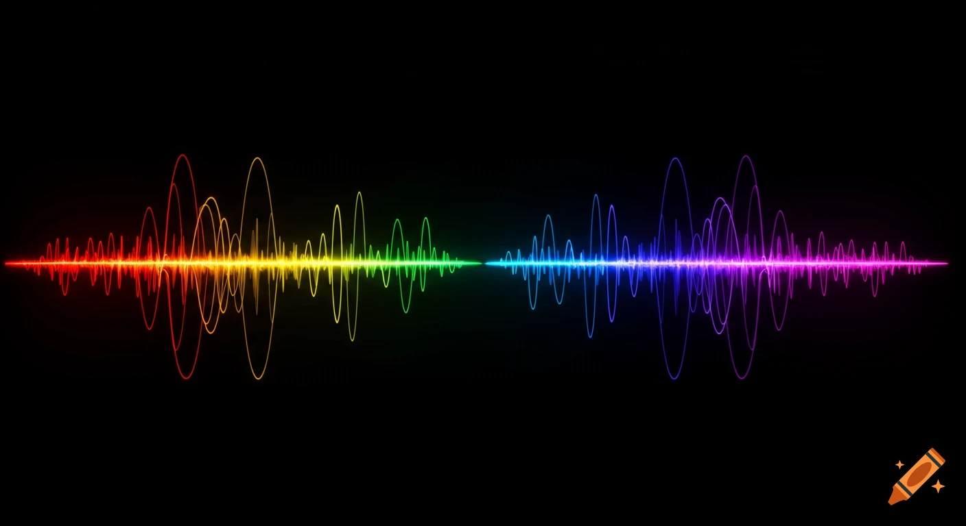 A vibrant linear soundwave frequency spectrum in rainbow colors against a black background.