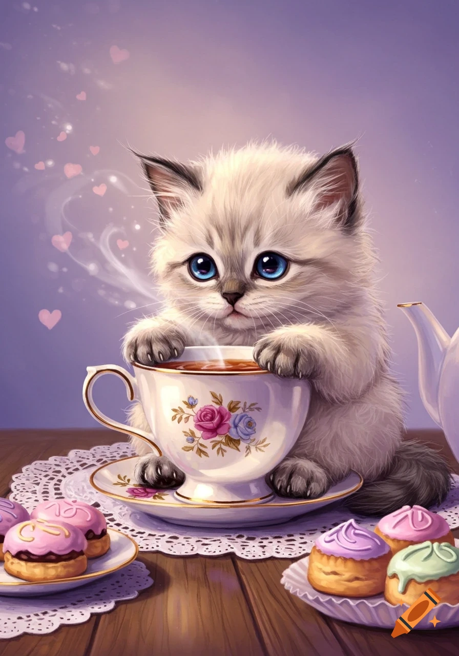 A fluffy white kitten with big blue eyes holds onto a teacup filled with steaming tea. Pastries are on the wooden table, all against a purple background with pink hearts and steam.