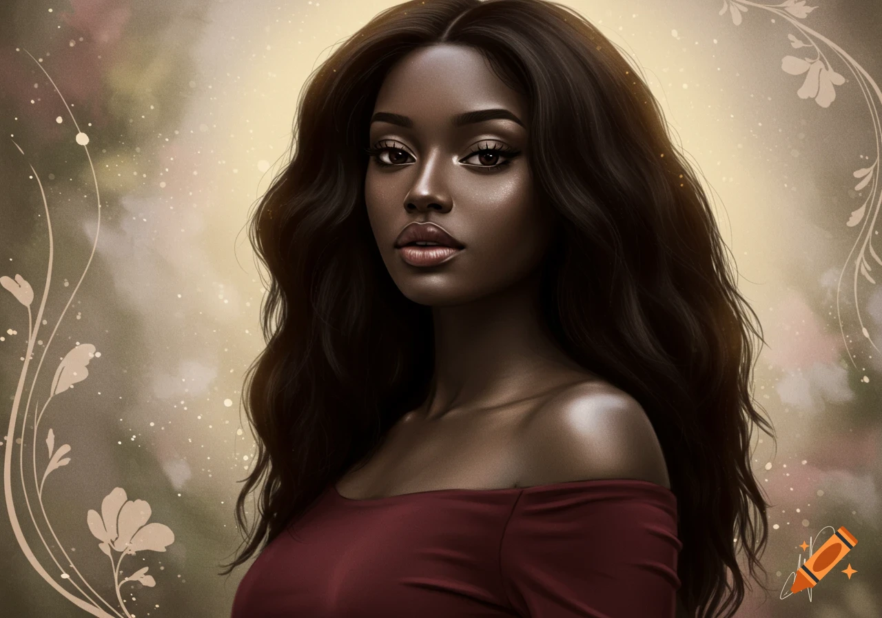 Digital art portrait of a beautiful woman with dark skin and long wavy hair, wearing a red off-shoulder top, against a luminous floral background.