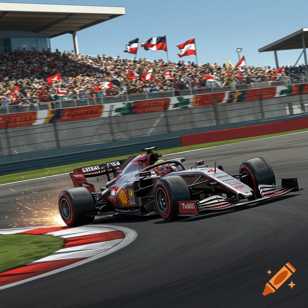 A red and silver Formula 1 race car turns on a track, with sparks flying from the wheel and a crowd in the background.