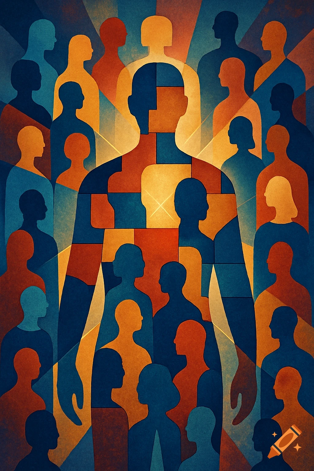 Abstract art with overlapping silhouettes of people in blue, orange, and yellow, forming a larger central figure.