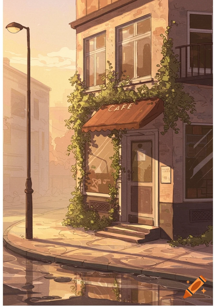 An illustrated exterior view of a charming cafe with a red awning that reads "CAFE" and ivy growing on its brick wall, under warm, soft light with puddles reflecting the scene.