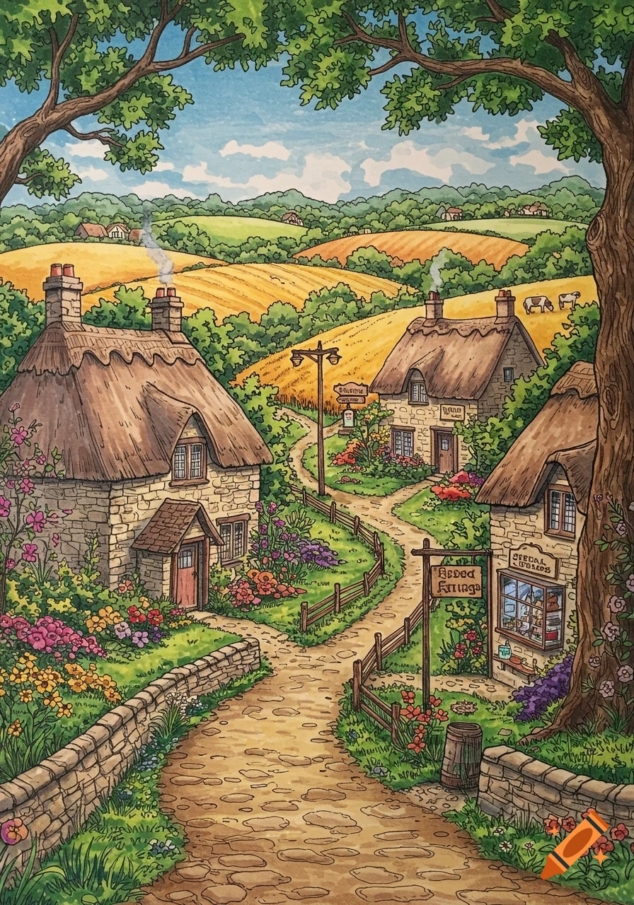 A vibrant coloring book illustration of a charming rural village with thatched cottages, winding paths, lush gardens, and rolling fields under a blue sky.