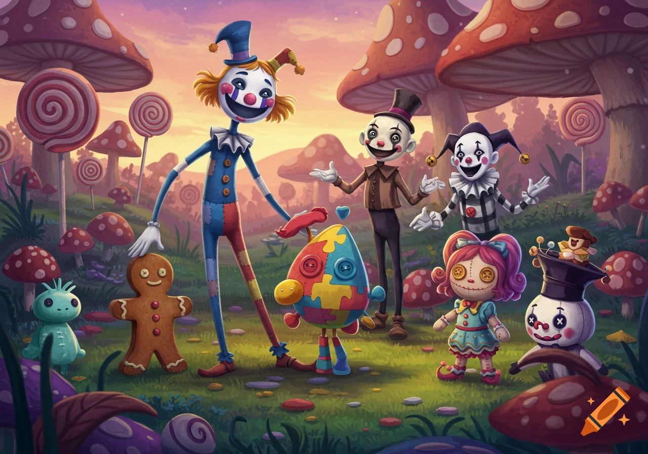Stylized clown and doll-like characters in a vibrant, whimsical mushroom and lollipop forest illustration.
