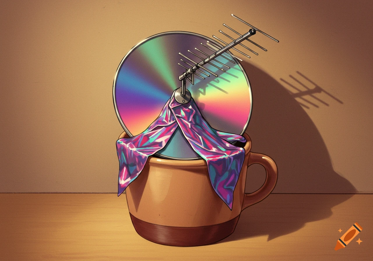 A close-up illustration of a Yagi antenna reflector and a colorful, glossy fabric emerging from a two-toned brown coffee mug, casting shadows on a wall.