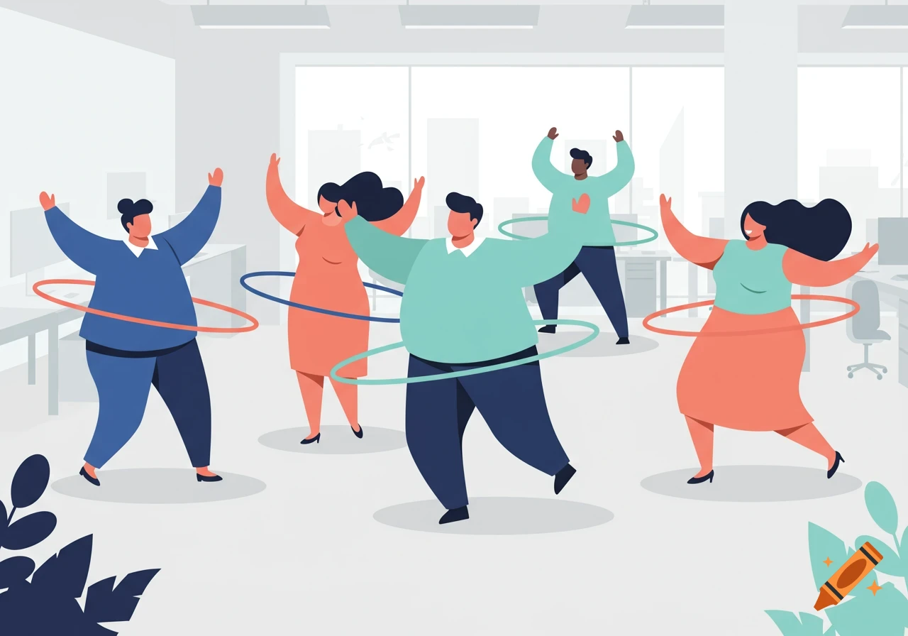 Vector illustration of diverse people hula-hooping in a bright, modern office.
