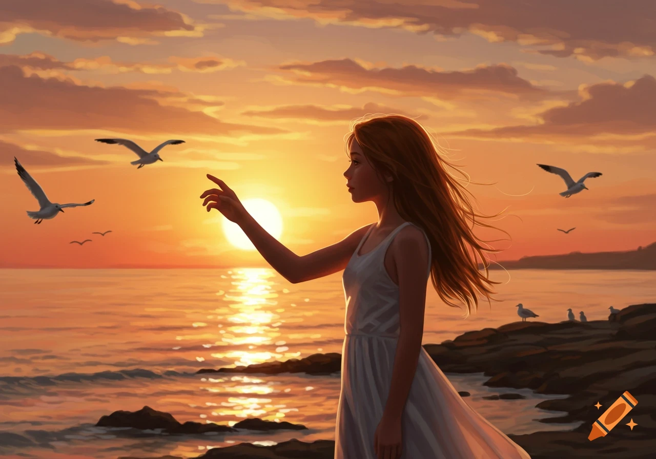 A girl in a white dress reaches towards the golden sunset over a calm ocean with flying seagulls, digital painting.