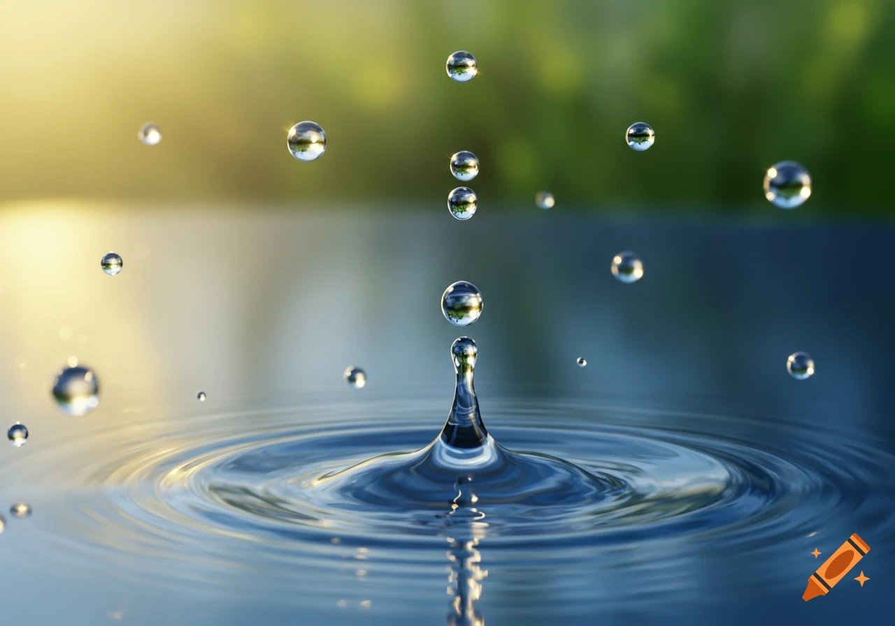 A photorealistic close-up shows a large water drop impacting a calm surface, causing ripples, with smaller drops frozen in mid-air.