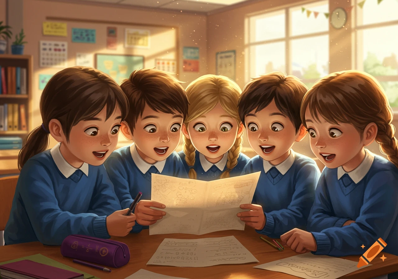 Five excited cartoon students in blue uniforms gather around a desk, intently looking at a glowing paper in a bright classroom.