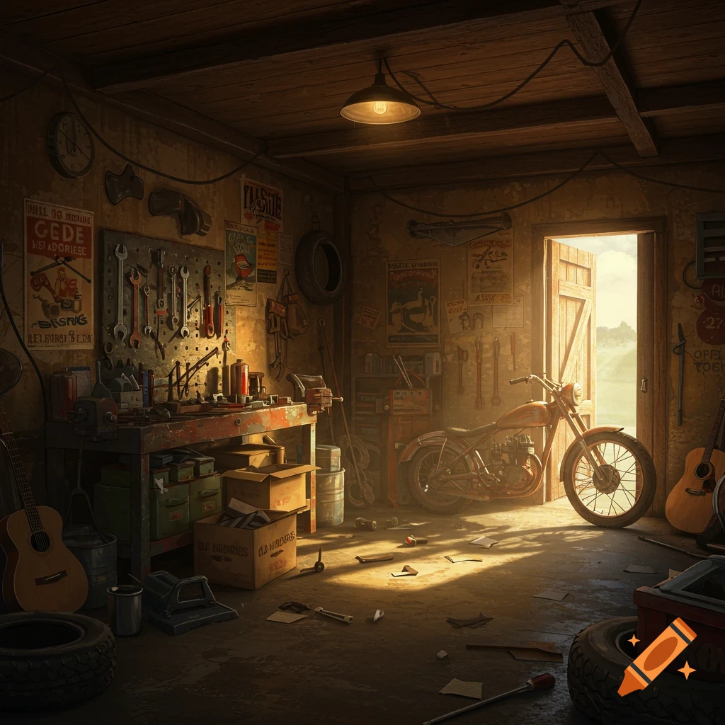 A cluttered, dimly lit garage with a workbench, tools, a vintage motorcycle, and sunlight streaming from an open door.