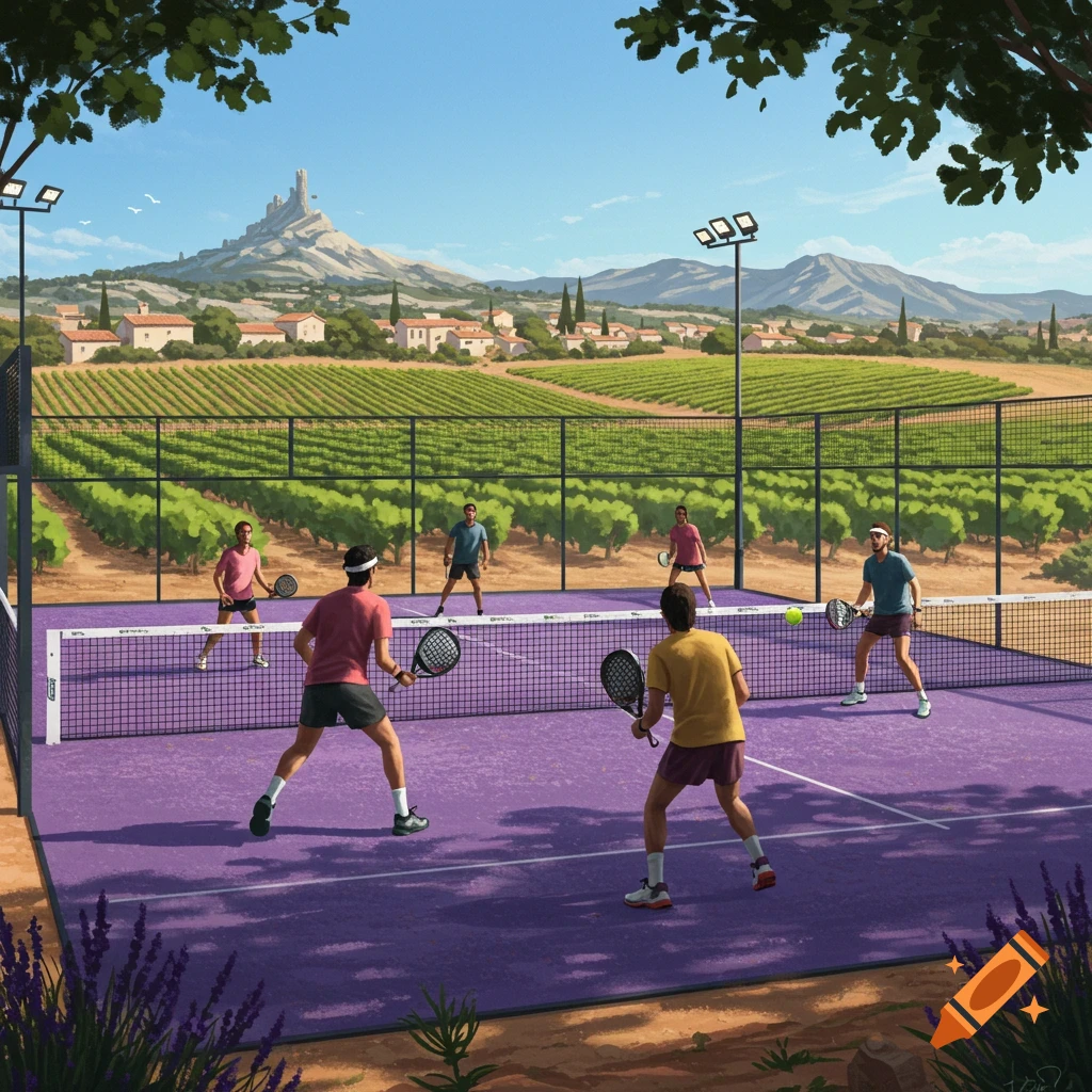 People playing padel on a purple court surrounded by vineyards and a village, with a castle and mountains in the distance.
