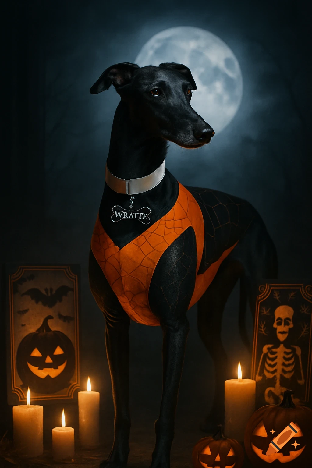A black greyhound in an orange spiderweb Halloween costume surrounded by lit pumpkins, candles, and gravestone decorations under a full moon.