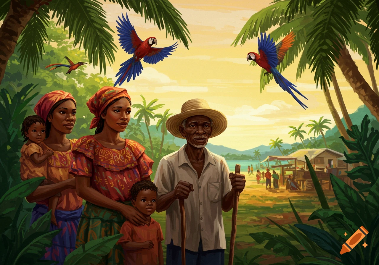 Illustrated tropical scene depicting a family group: an old man, two women, and two children, under palm trees with parrots flying. A village is in the background.