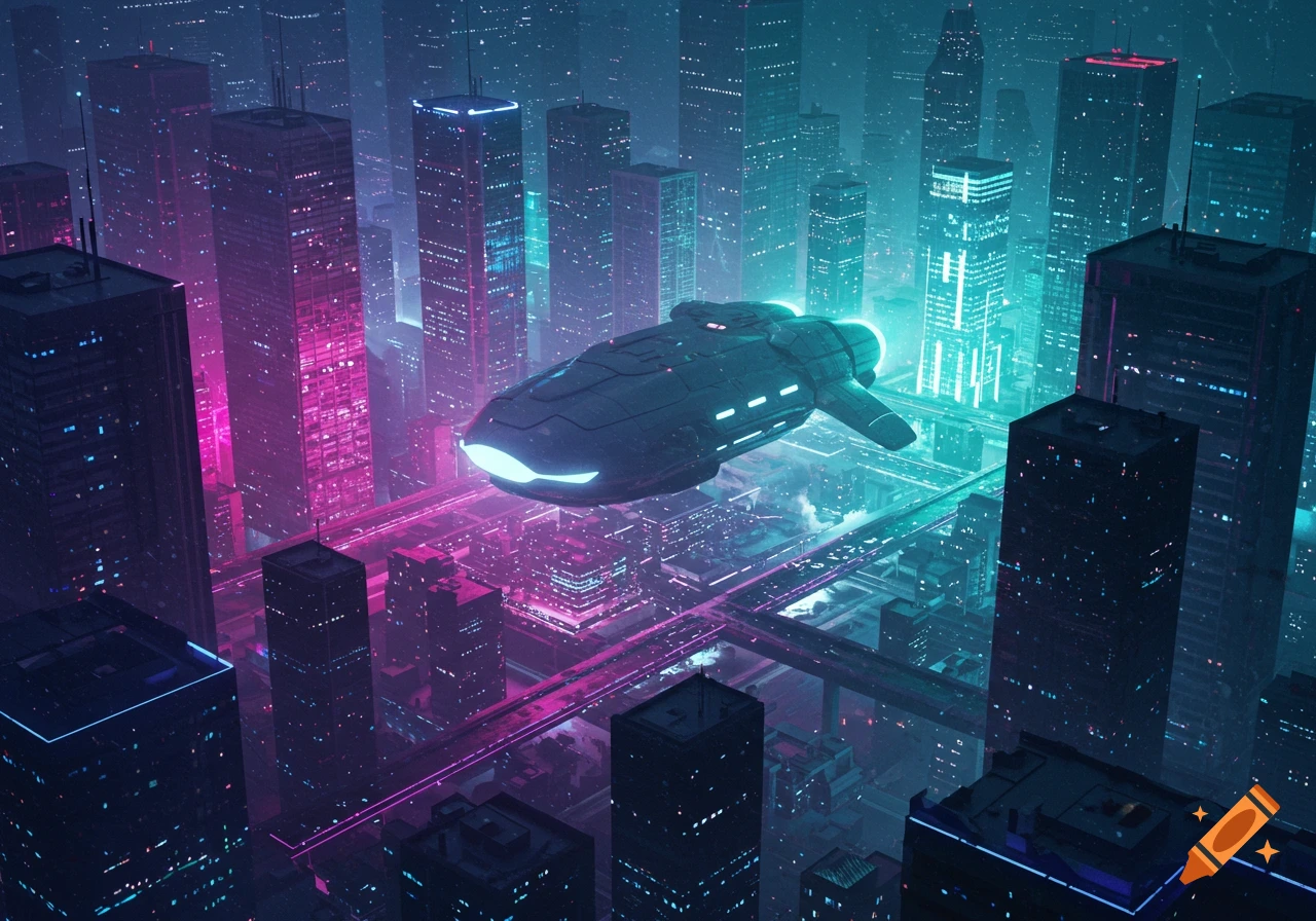 A futuristic city at night, illuminated with vibrant pink and blue neon lights, with a sleek, dark spaceship flying above the buildings. Digital art.