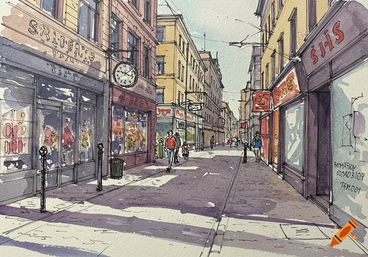 A watercolor urban sketch of a bustling street lined with tall buildings and shops, with several people walking along the sidewalk.