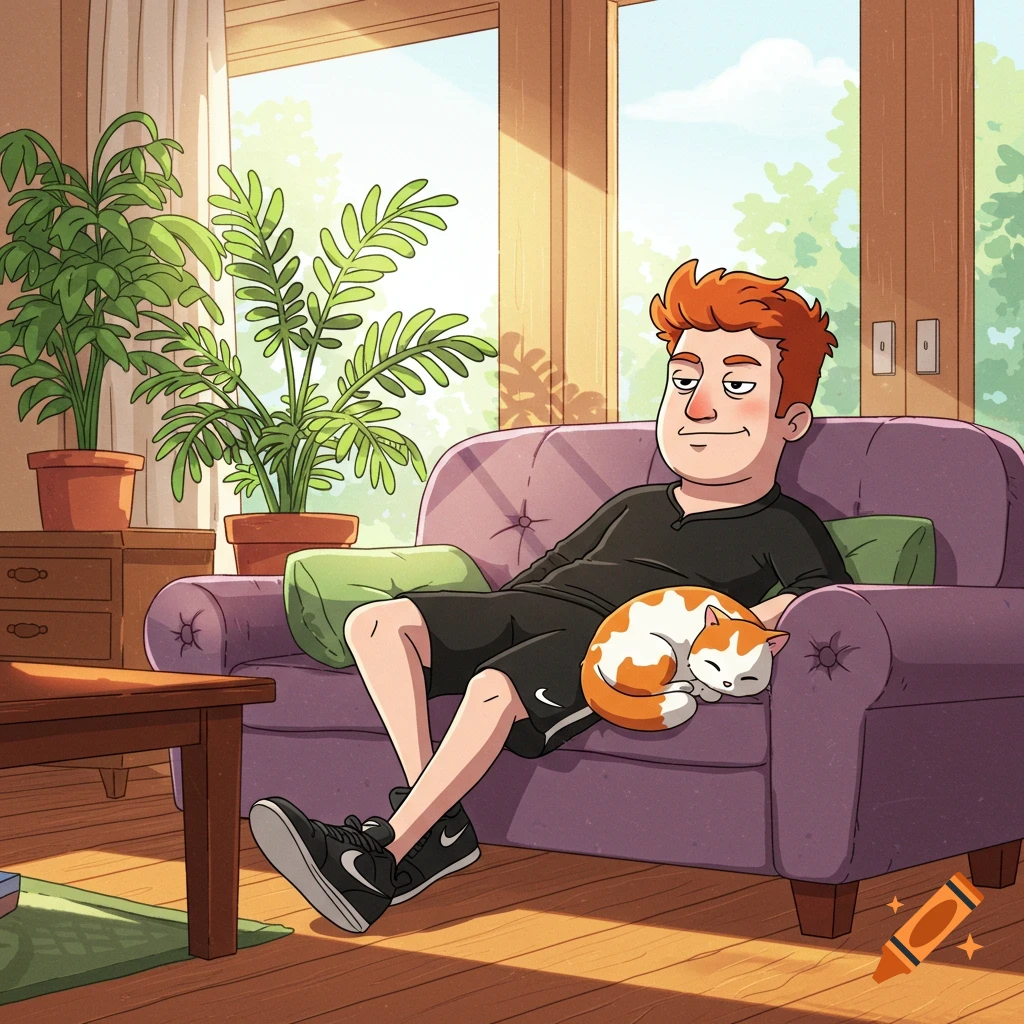 Animated cartoon of a ginger-haired man in black shorts sitting on a purple couch with a white-and-orange cat in a sunny living room with plants.