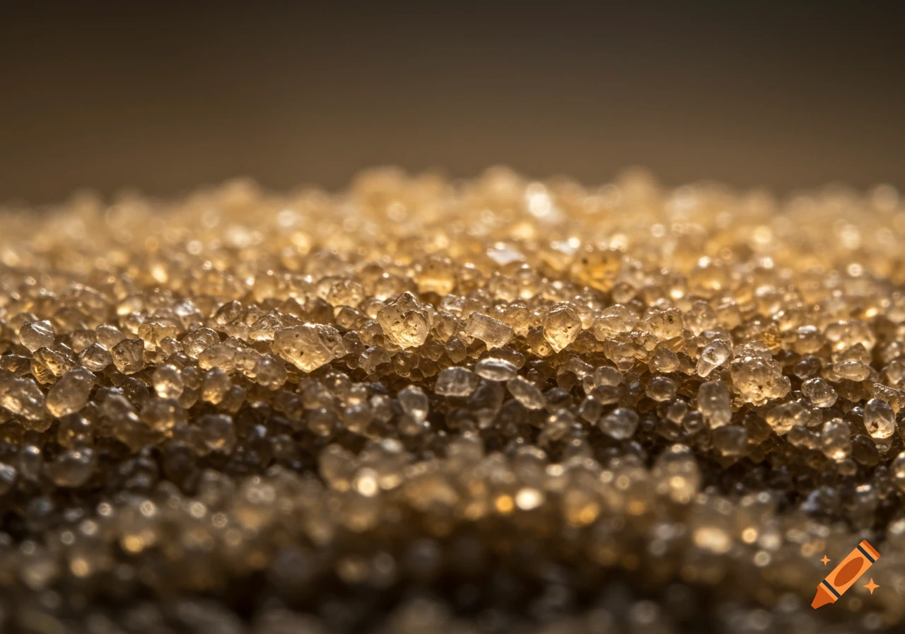 Close-up macro photo of sparkling golden-brown silica granules, filling the frame with textured detail.