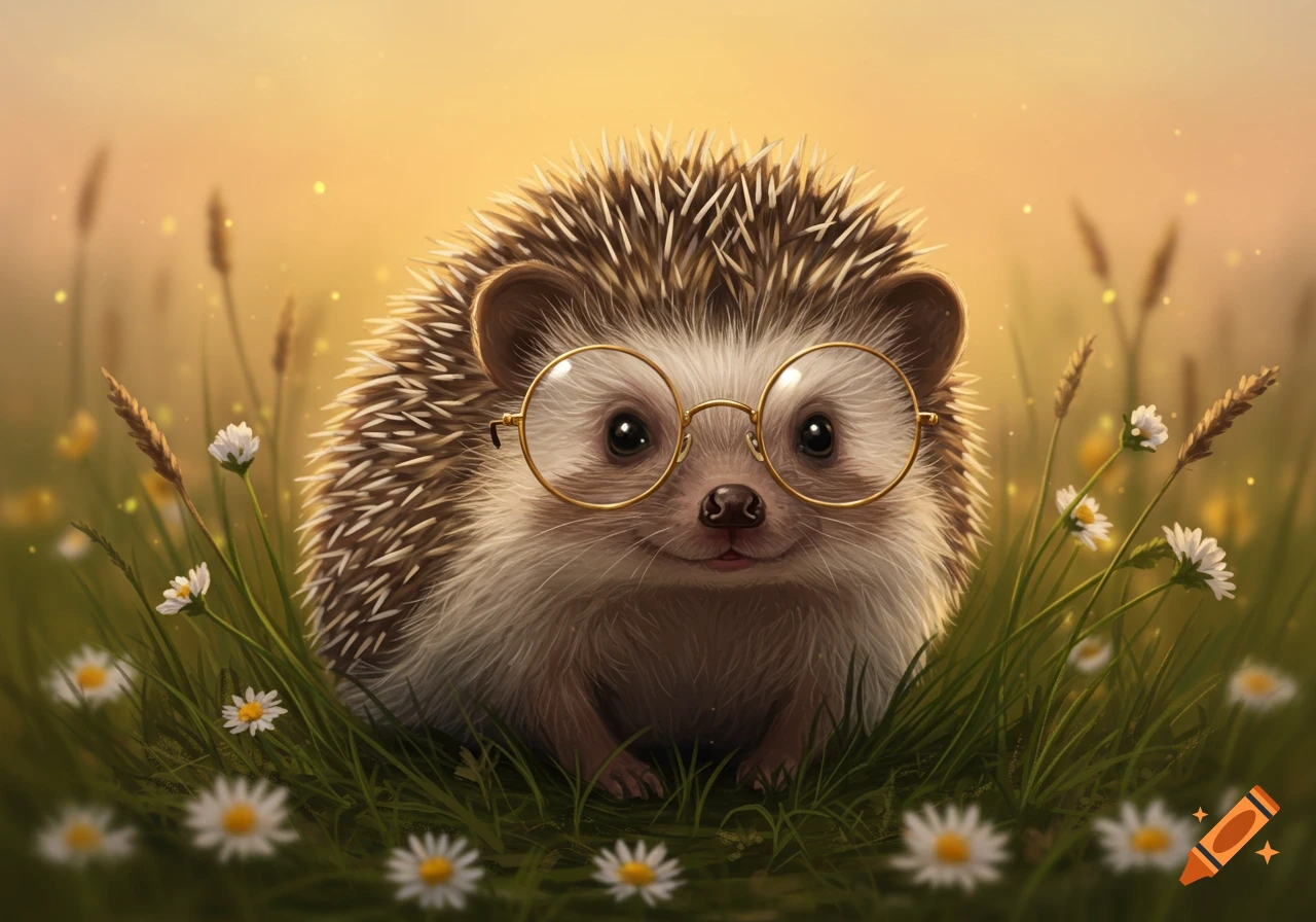 A cute, fluffy hedgehog wearing round golden glasses sits in a sunny field among white daisies and green grass.