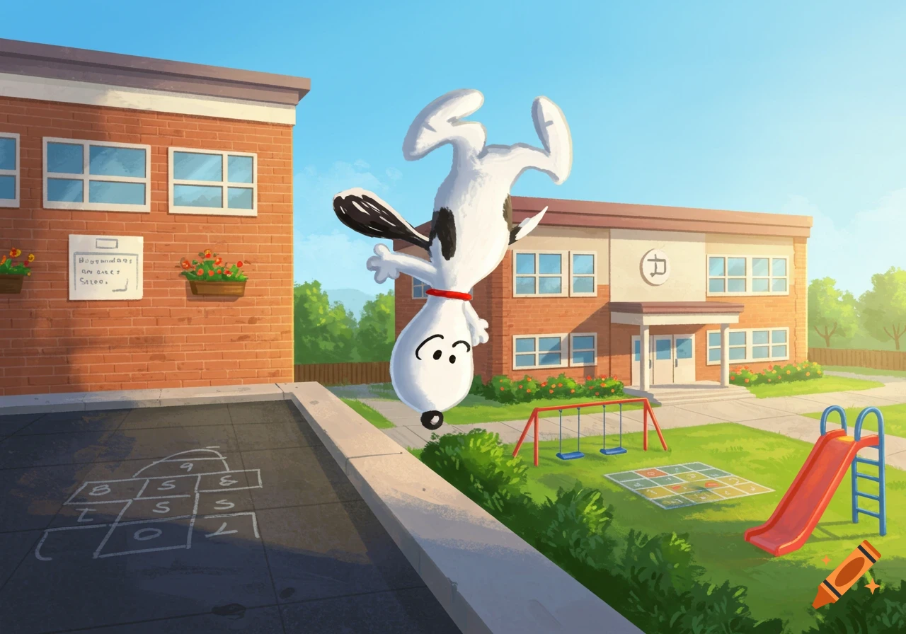 Snoopy does a front flip over an elementary school with a playground and hopscotch court. The school has brick walls and a P on it.