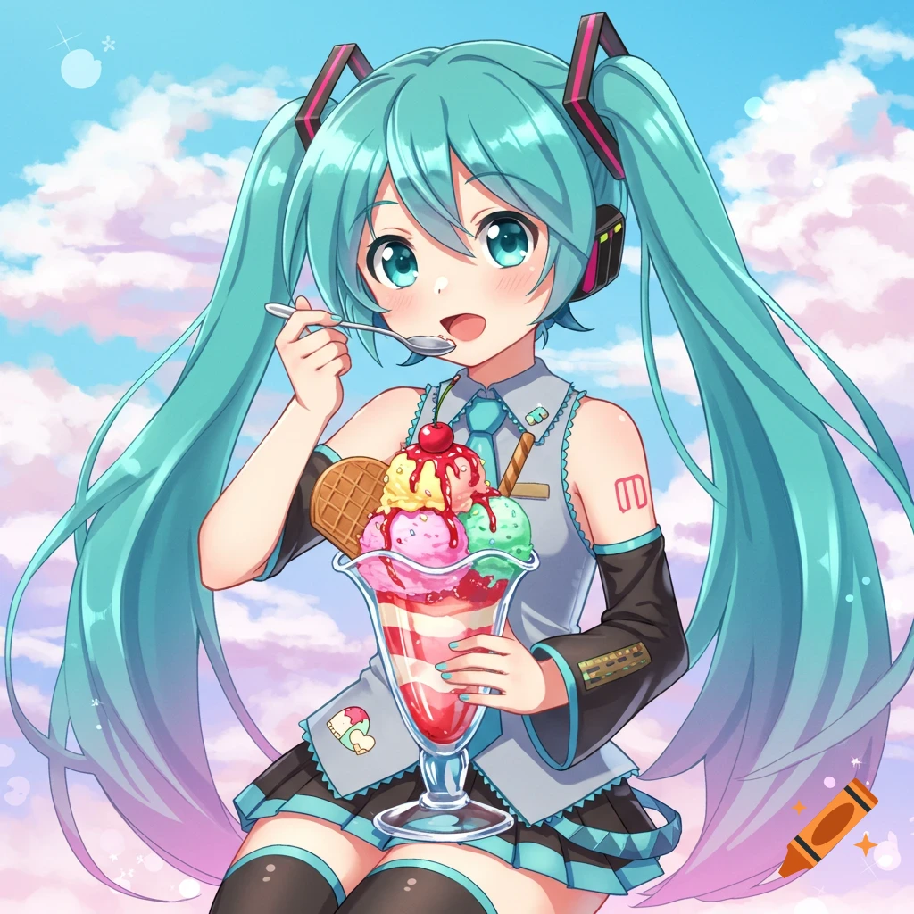 Hatsune Miku, an anime girl with long turquoise pigtails, smiles while eating a colorful ice cream sundae with a spoon, against a cloudy sky.