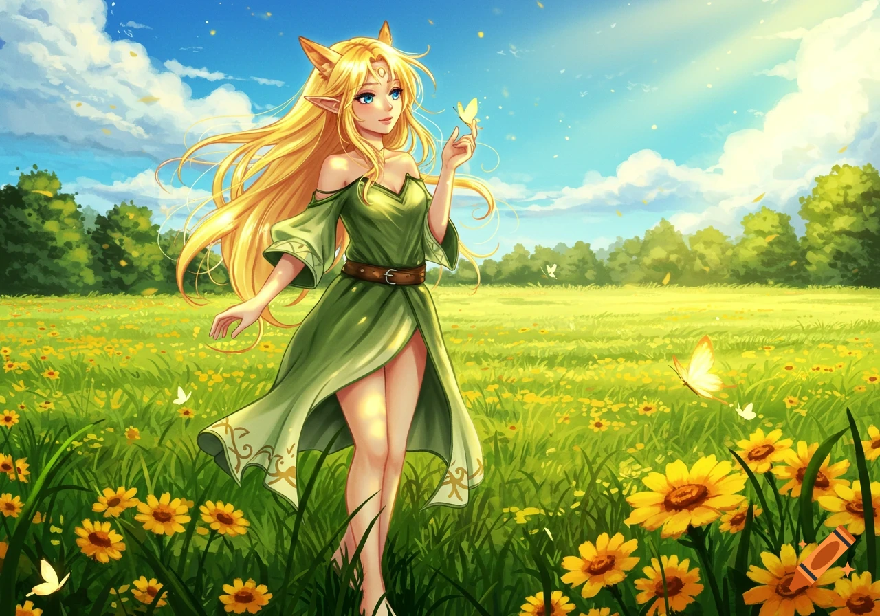 An anime elf with long blonde hair and blue eyes stands in a sunny meadow filled with yellow flowers, a butterfly on her finger.